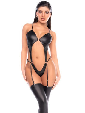 Mapale - 2826 - Wet-Look Cut-Out Garter Bodysuit - Wet Black